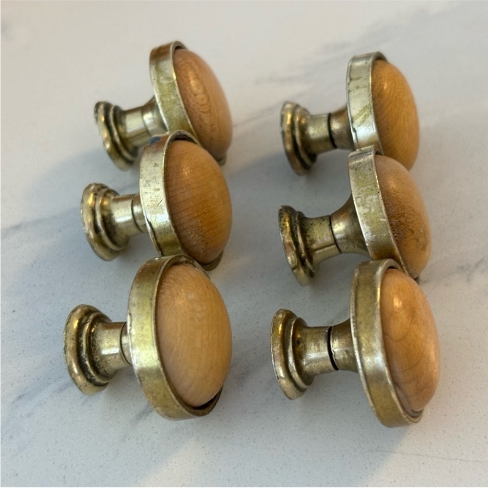 SET of SIX brass and wood drawer knobs pulls round handles brass wood inset knob - Picture 10 of 12